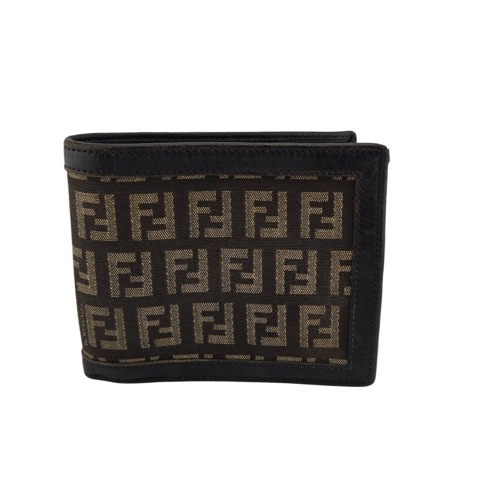 Fendi Zucca Canvas Bifold Wallet Brown Leather Monogram FF Logo Mens Accessory